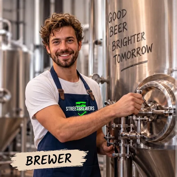 A smiling young brewer working a valve on his brewing tanks, under a Brewer label