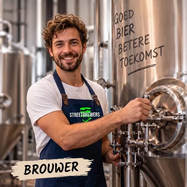 A smiling young brewer working a valve on his brewing tanks, under a Brewer label