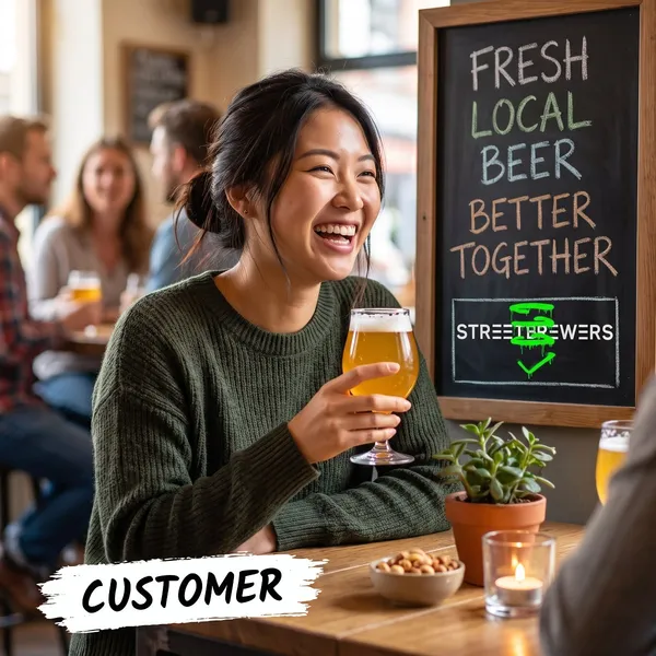 A smiling customer raises a glass of beer at a table, under a Customer label